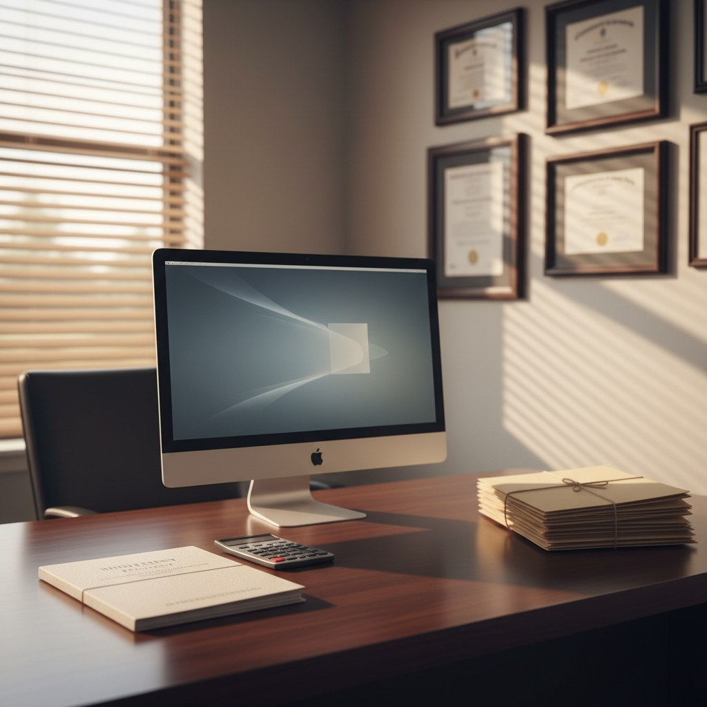 Insurance agency desk with policy folder, calculator, monitor, and framed credentials in warm light